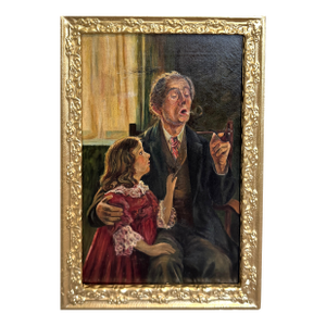 Antique Oil Painting Genre Scene Man With Pipe Child Interior Gilt Frame