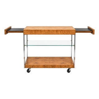 1970s Modern Extendable Burl Olivewood & Chrome Bar Cart Att. Milo Baughman For Sale