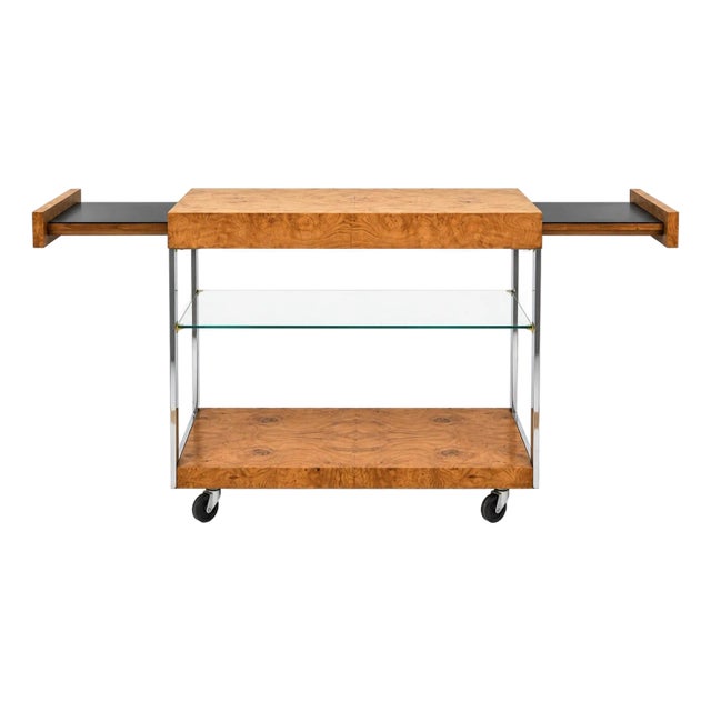 1970s Modern Extendable Burl Olivewood & Chrome Bar Cart Att. Milo Baughman For Sale