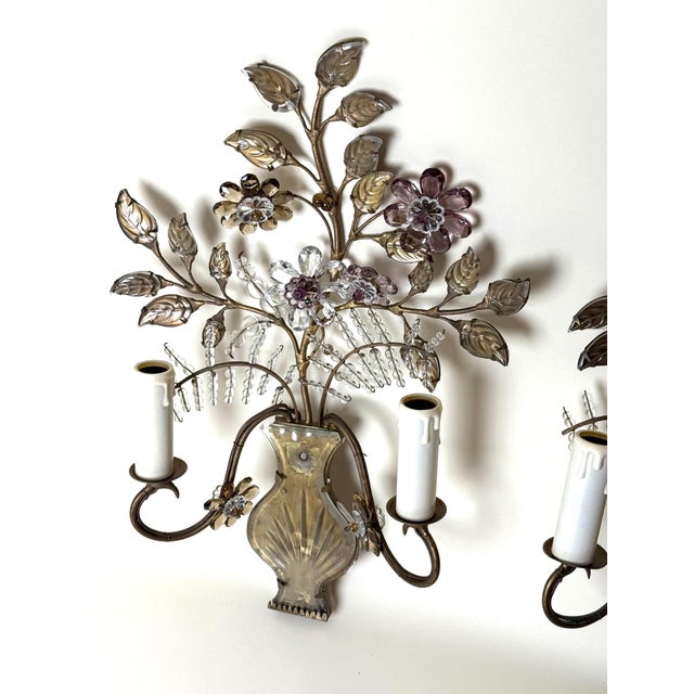 Italian Wall Sconces with Amethyst and Smoky Glass Blossoms, 1950s, Set of 2 For Sale - Image 9 of 18