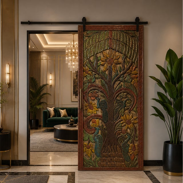 Wood Vintage Hand-Carved Tree of Dreams Wood Barn Door Wall Panel With Peacock & Sunflower 84x36 For Sale - Image 7 of 7