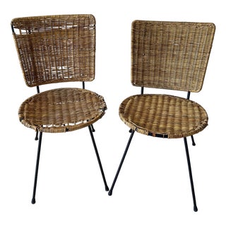 Pair of Vintage Woven Wicker Side or Accent Chairs, Circa 1950s For Sale