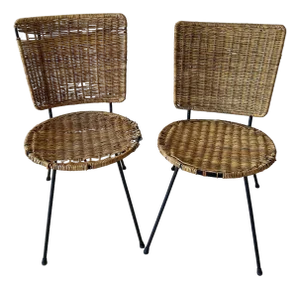 Pair of Vintage Woven Wicker Side or Accent Chairs, Circa 1950s