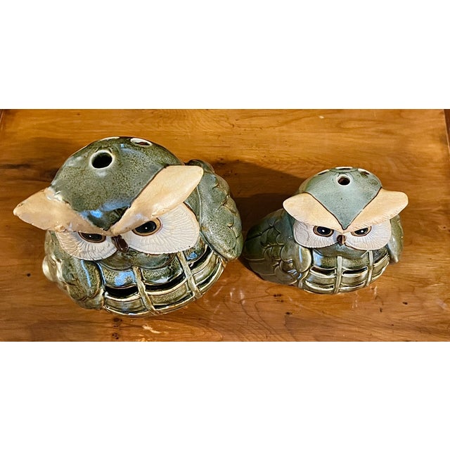 Vintage Japanese Mottled Glazed Stoneware Owl Candle Lanterns, 1970s, Set of 2 For Sale - Image 9 of 11