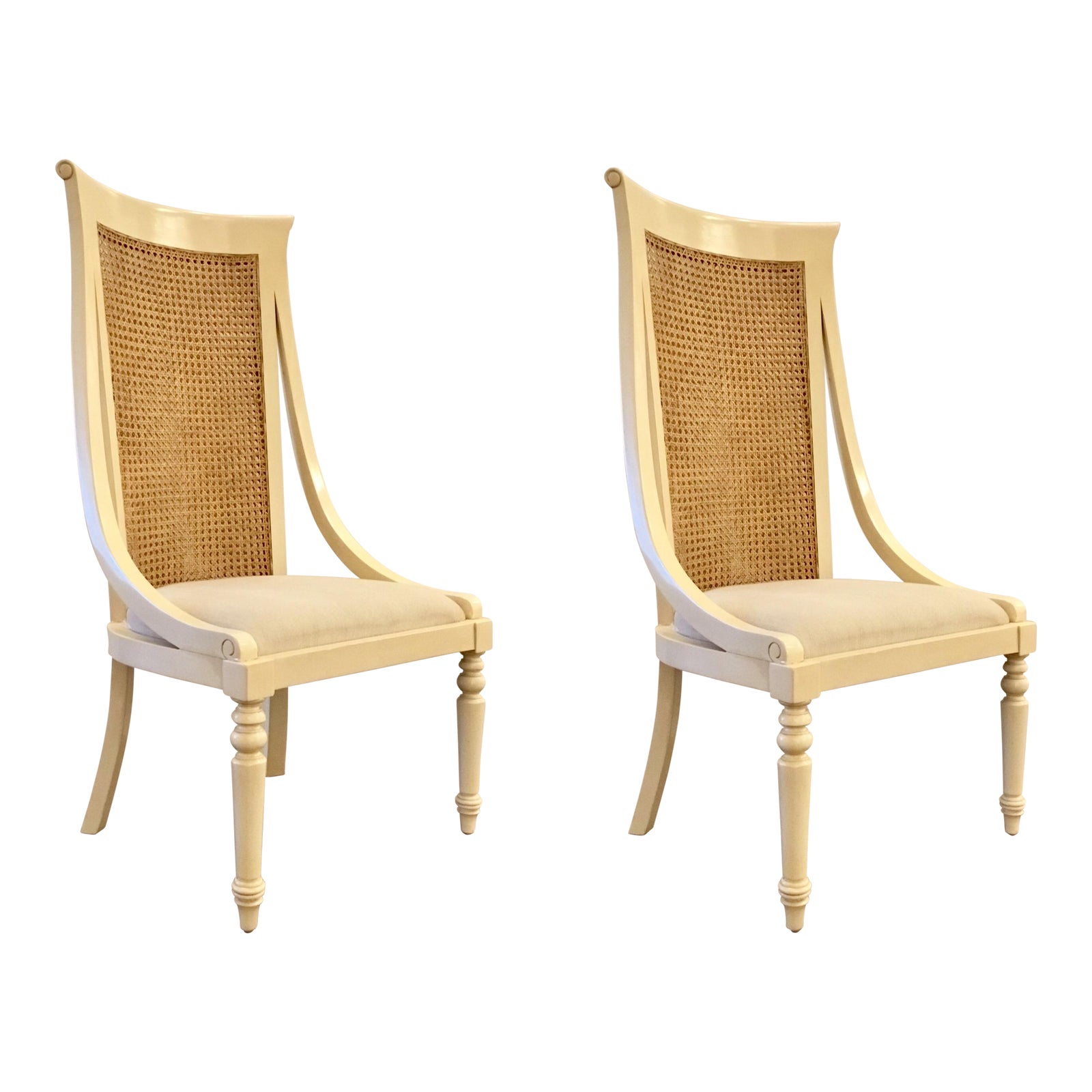 Transitional Cream Wood High Back Cane Chairs Pair Chairish