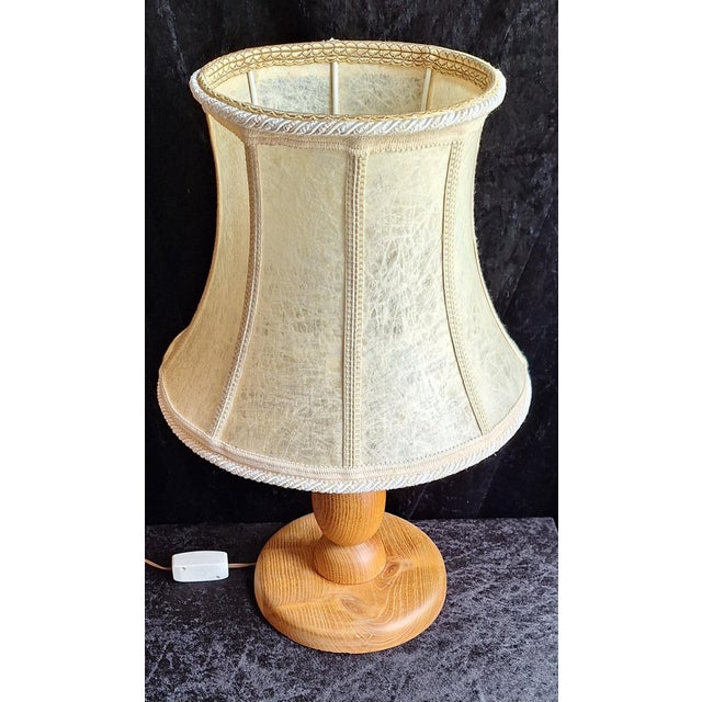 Vintage Table Lamp with Turned Teak Wood Base and Hand-Stitched Leather Shade, 1970s For Sale - Image 4 of 7