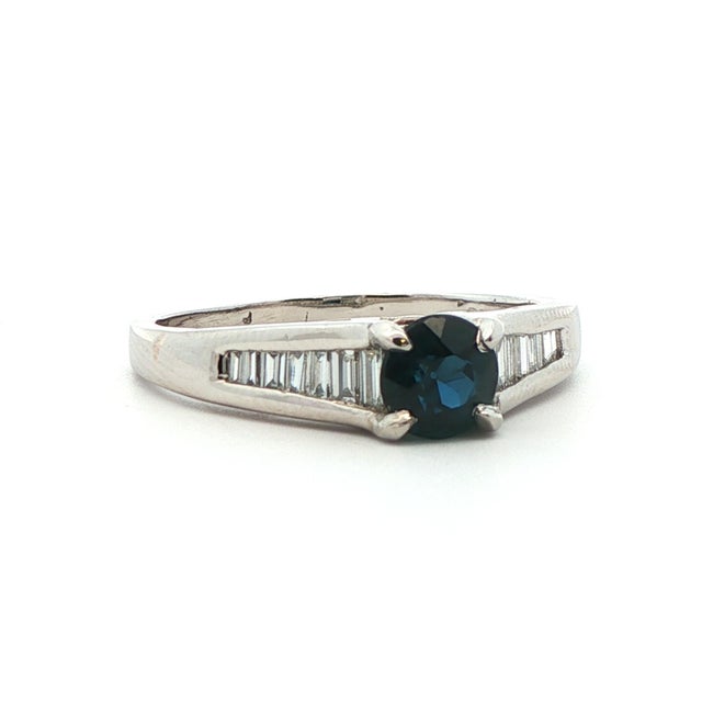 Metal 1980s Platinum Sapphire & Diamond Engagement Ring, Size 8.25 For Sale - Image 7 of 11