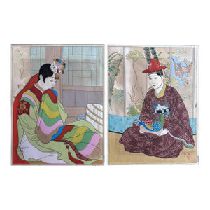 Pair Japanese Woodblock Prints La Mariee and Le Marie by Paul Jacoulet