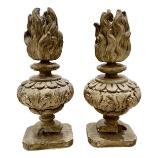 Italian Carved Wood Flame Urns, 18th Century For Sale