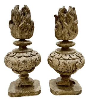 Italian Carved Wood Flame Urns, 18th Century