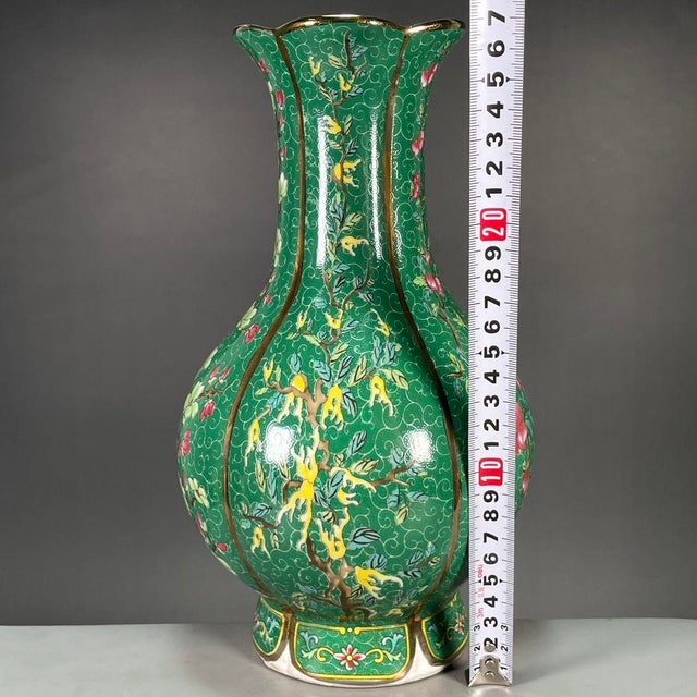 Mid 20th Century Vintage 1960s Chinese Green Ground Famille Rose "Fruits" Lobed Vase With Original Label For Sale - Image 5 of 9