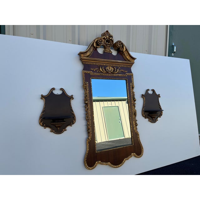 Mid 20th Century Florentine Style Mahogany Wall Mirror and Shelves, 3 Pieces For Sale - Image 5 of 12