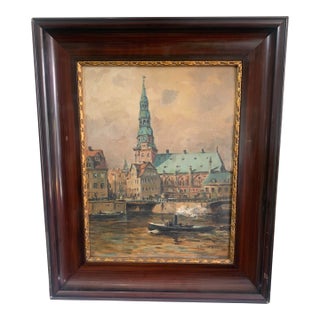 Willy Ashmann German Harbor Cityscape, Hamburg St. Catherine’s Church, Framed Oil Painting, Early 20th Century For Sale