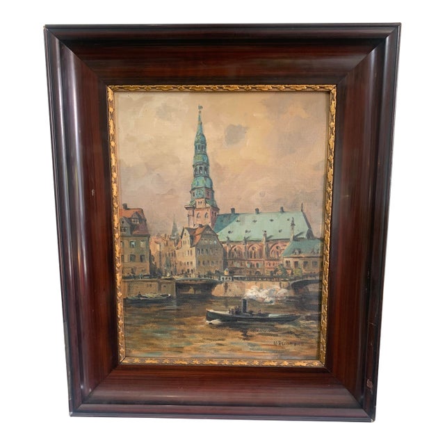 Willy Ashmann German Harbor Cityscape, Hamburg St. Catherine’s Church, Framed Oil Painting, Early 20th Century For Sale