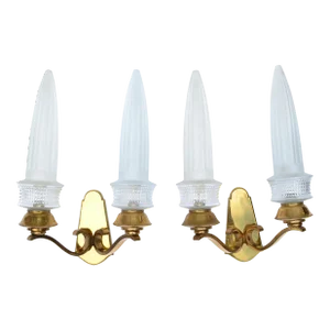 Maison Baguès Paris Mid-Century Modern Bronze & Blown Glass Shade Sconces, Pair