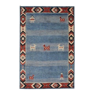 6x9 Blue Hand-Knotted Wool Figurative Sky Pattern Classic Traditional Carpet Rug For Sale