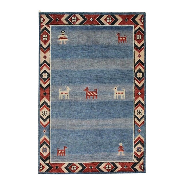 6x9 Blue Hand-Knotted Wool Figurative Sky Pattern Classic Traditional Carpet Rug For Sale