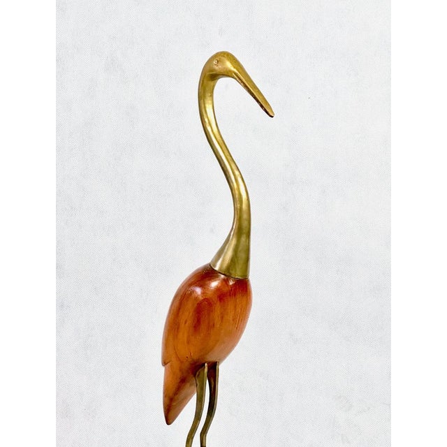 Mid-Century Modern Tall Carved Teak and Brass Heron Figurine, 1960s For Sale - Image 11 of 14