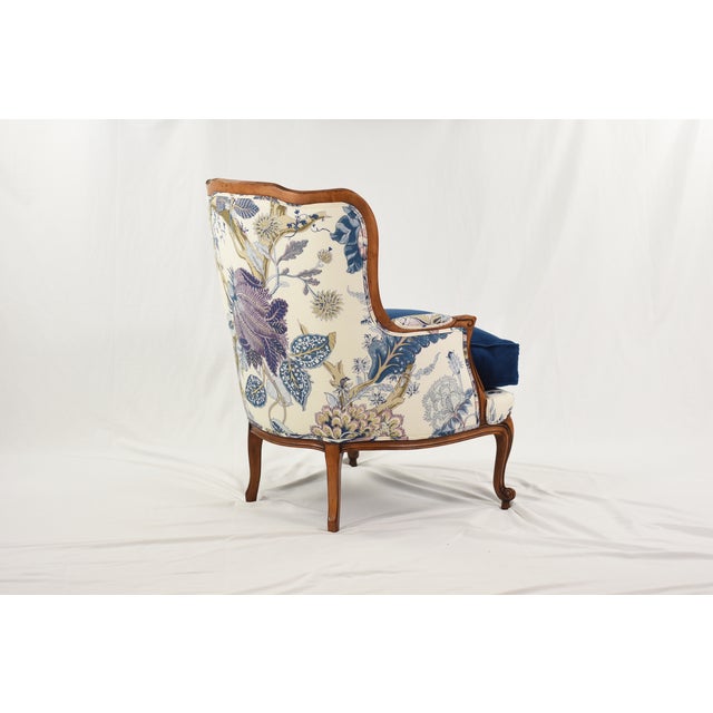 Schumacher Linen Accent Chair on Restored Vintage Ethan Allen Camille Bergere With Sapphire Velvet For Sale - Image 11 of 14