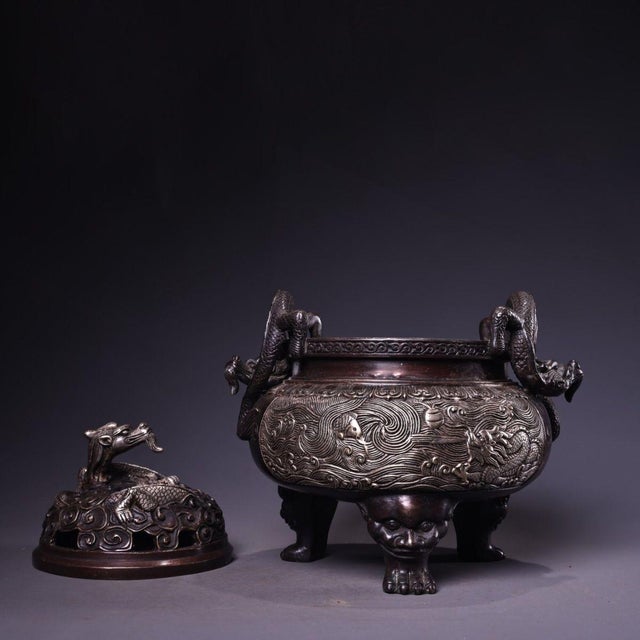 Metal Bronze Silver-Washed Dragon Tripod Censer — High Relief Lidded Incense Burner For Sale - Image 7 of 9