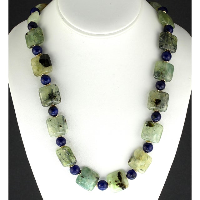2020s AJD Glowing Green Brazilian Prehnite With Blue Agate Necklace For Sale - Image 5 of 10
