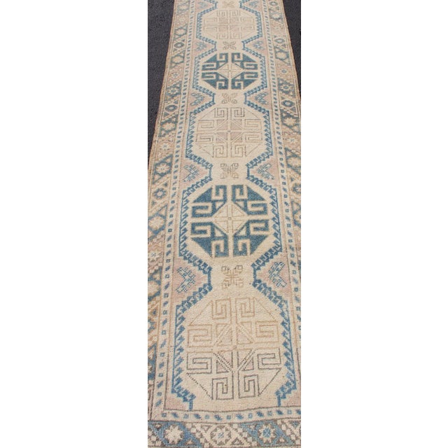 Beige Vintage Turkish Oushak Runner in Soft Blue and Warm Beige Tones For Sale - Image 8 of 10