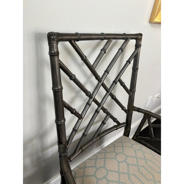 Offered is a Chinese Chippendale style armchair by Ethan Allen. All original. Frame is a gray faux bamboo finish.