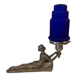 Art Deco Frankart Era Reclining Semi-Nude Flapper Girl Silvered Bronze Lamp For Sale
