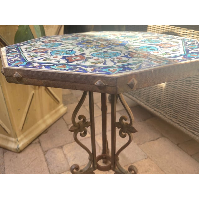 1930s Arts & Crafts California Yellin School Octagonal Mosaic Iron Tile Top Table For Sale - Image 4 of 8