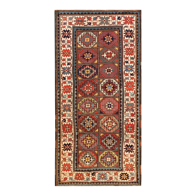 Splendid Ivory Background Color With Hexagonal Details in a Geometric Design Antique Caucasian Rug For Sale