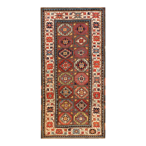 Splendid Ivory Background Color With Hexagonal Details in a Geometric Design Antique Caucasian Rug