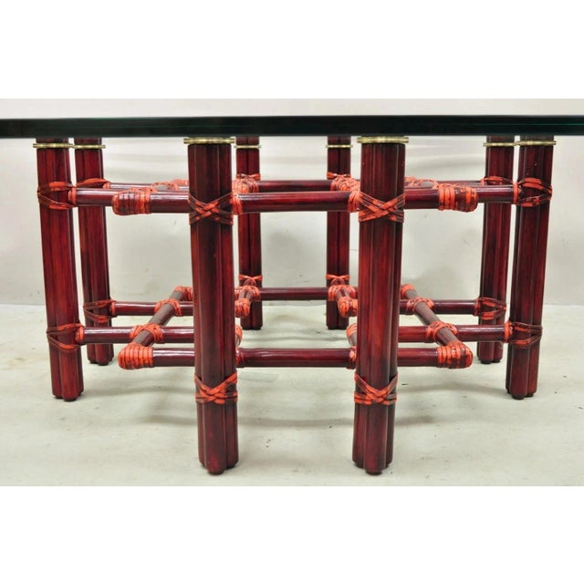 Vintage McGuire Red Rattan Bamboo and Brass Glass Top Square Coffee Table For Sale - Image 10 of 12