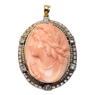 Antique Carved Coral Gold Cameo With Pearl and Diamonds For Sale