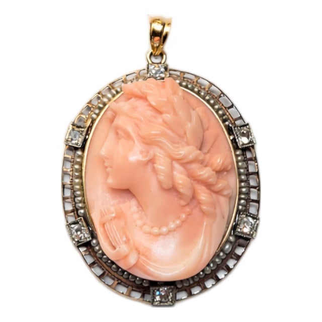 Antique Carved Coral Gold Cameo With Pearl and Diamonds For Sale