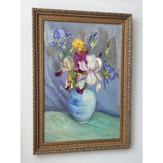 Early 20th Century Oil Painting Colorful Still Life of Irises in a Blue Vase For Sale - Image 9 of 15