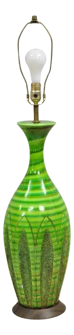 Vintage Mid Century Modern Green Lava Glazed Ceramic Pottery Italian Table Lamp