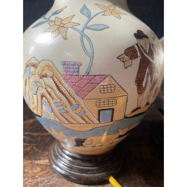 Abstract Mid 20th Century Pair of Vintage Naive Hunting Scene Lamps For Sale - Image 3 of 10