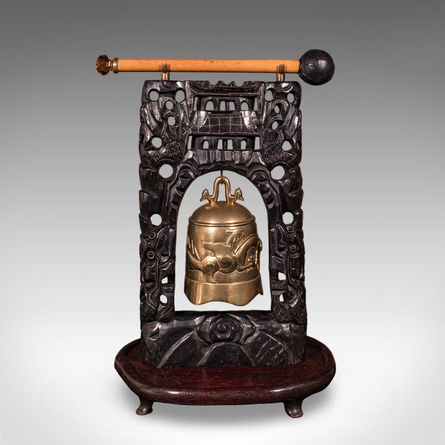 Traditional Antique Tea Ceremony Gong, Oriental, Carved Stand, Brass Bell, Edwardian, c.1910 For Sale - Image 3 of 12