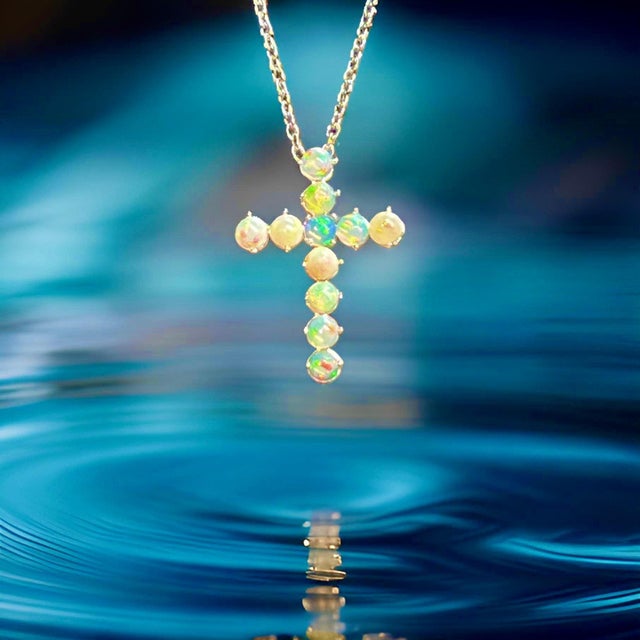 Natural Opal Cross Pendant Necklace 20" 14k WG 4.50 CT Certified For Sale - Image 4 of 11