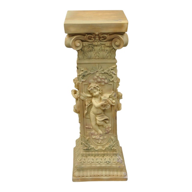 Greek Style Plaster Corinthian Column & Musical Cherub Pedestal Plant