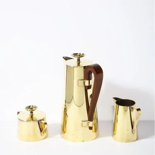 Mid-Century Modern Tommi Parzinger for Dorlyn Silversmiths Tea Service in Polished Brass & Walnut - Set of 3 For Sale - Image 3 of 10