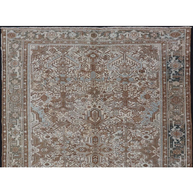 Vintage Hand-Knotted Heriz Rug With Sub-Geometric Design in Natural Tones 8'1 X 11'1 For Sale - Image 4 of 16