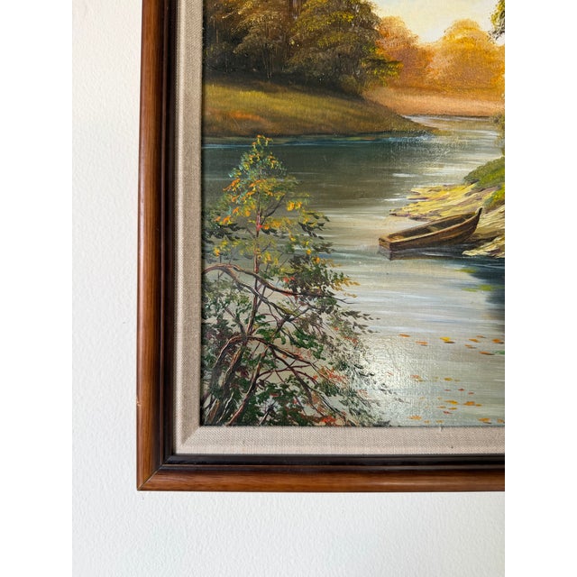 Wood 1995 Vintage River Landscape Oil on Masonite Painting, Signed & Framed For Sale - Image 7 of 12