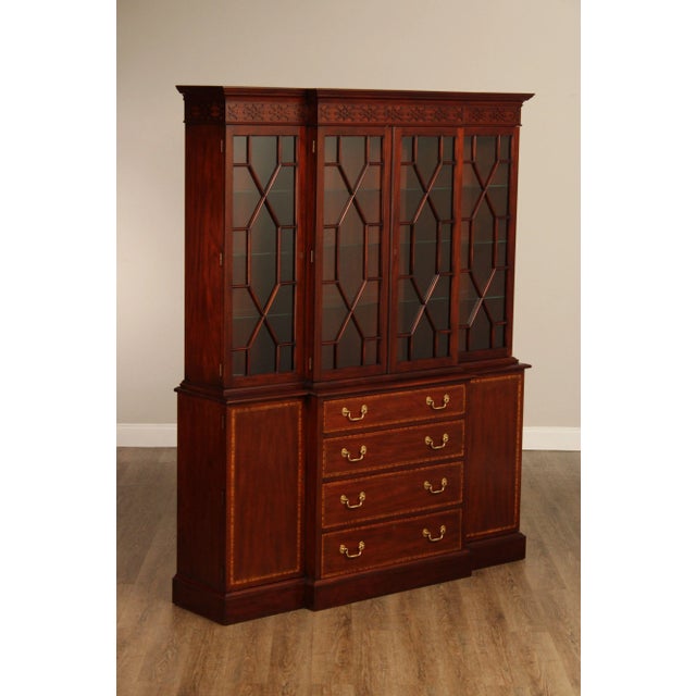 High Quality American Made Inlaid Mahogany Breakfront China Cabinet with Four Glazed Doors Opening to Lighted Interior and...