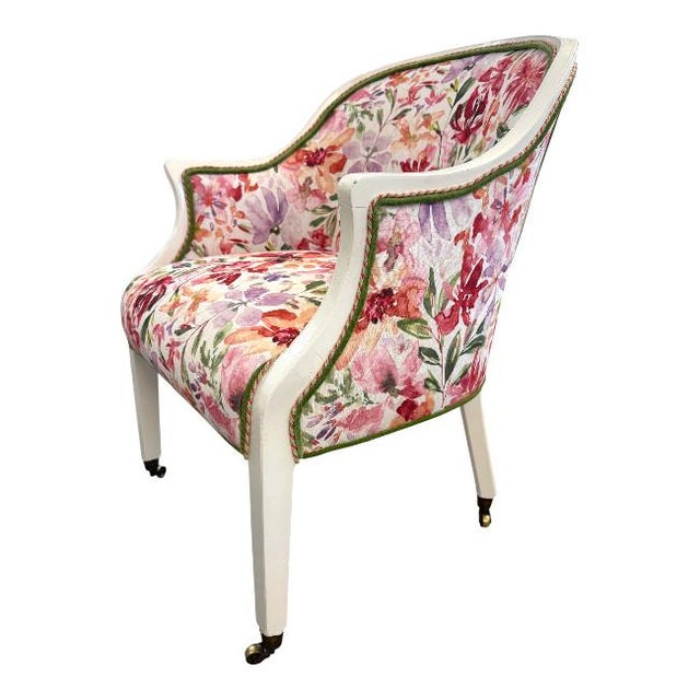 Textile Vintage White Frame Armchair With Floral Upholstery For Sale - Image 7 of 9