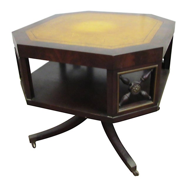Brown Antique Octagon Shaped Leather Top Rolling Side Table For Sale - Image 8 of 10