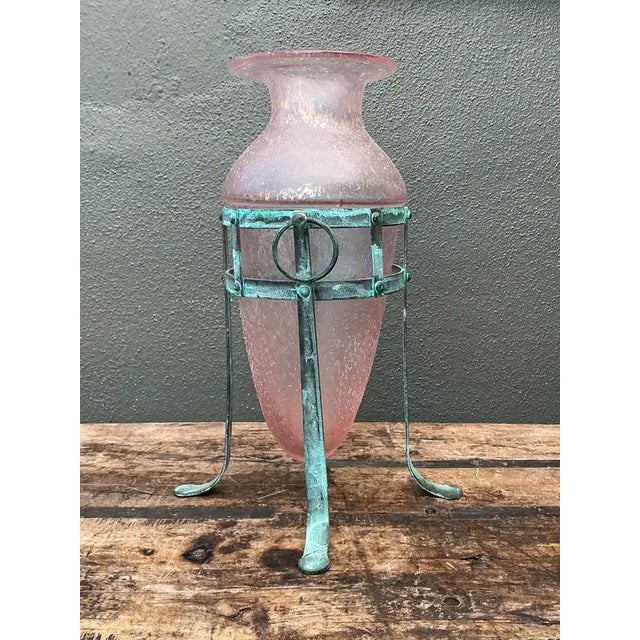 Vintage Patinated Metal Frame Glass Vase For Sale In West Palm - Image 6 of 12