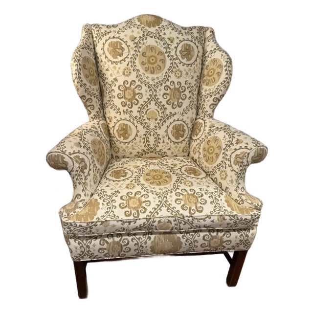 Vintage Custom Upholstered Wing Back Chair With Mahogany Base For Sale