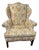 Vintage Custom Upholstered Wing Back Chair With Mahogany Base For Sale