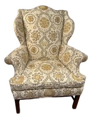 Vintage Custom Upholstered Wing Back Chair With Mahogany Base